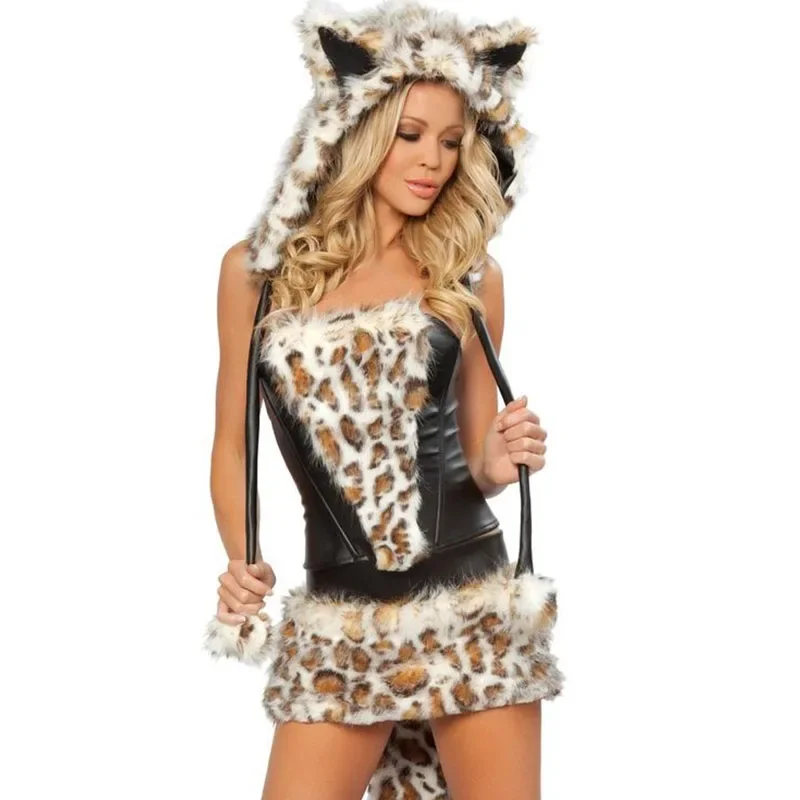 

Женский леопардовый наряд, меховой костюм, фантазийный костюм для Хэллоуина, платье с капюшоном в виде волка, косплей, сексуальный роскошный фризский костюм животного, коричневый