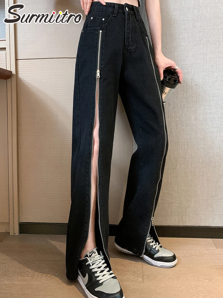 

SURMIITRO 2022 Spring Fashion Straight Boyfrind Mom Jeans Women Black Zipper Split High Waist Denim Long Pants Female