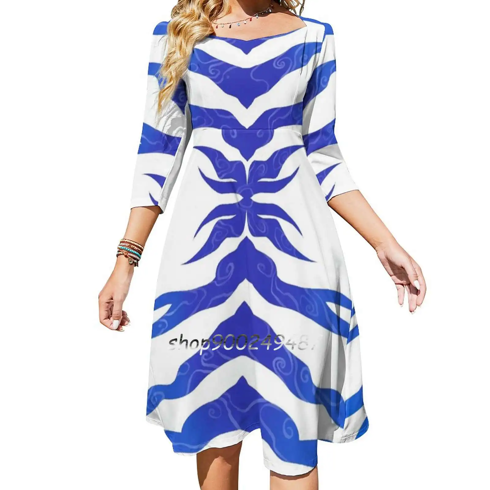

Lady Tano Stripes Flare Dress Square Neck Dress Elegant Female Fashion Printed Dress