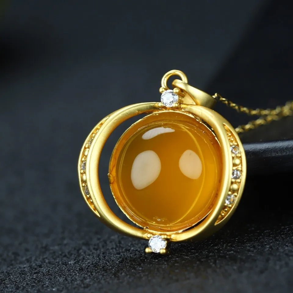 

24k Real Gold Plated Copper Zircon Yellow Jade Round Beads Pendant Necklace Women Fine Jewelry Accessories Girlfriend Mom Gifts