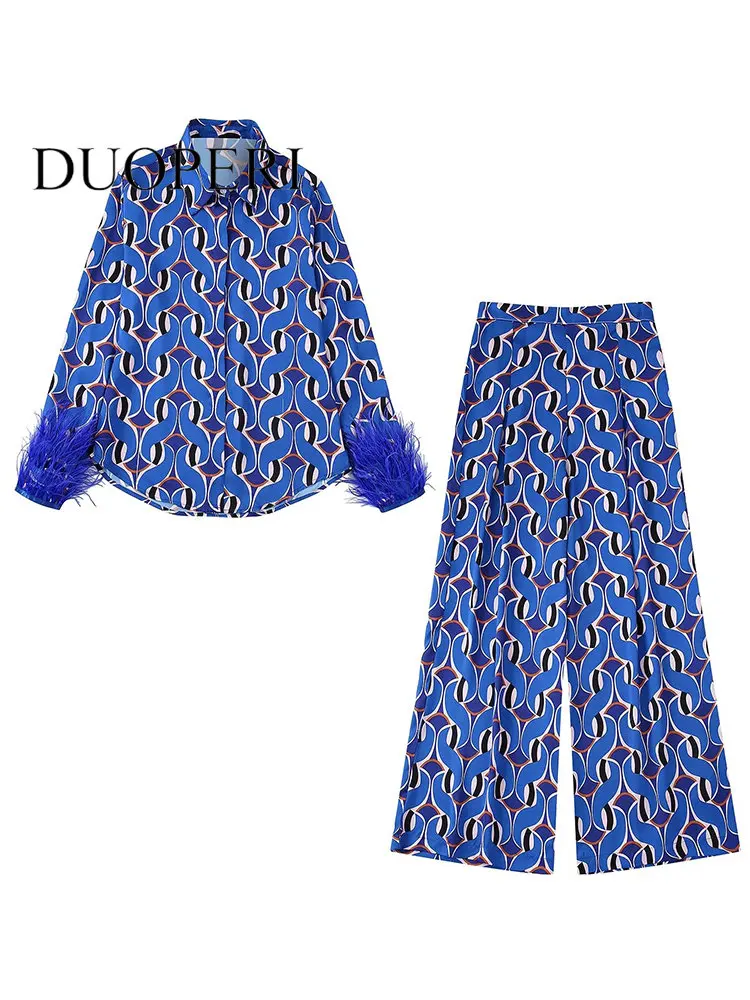 

DUOPERI Women Fashion Two Piece Set Printed Single Breasted Shirt Vintage Side Zipper Trousers Feamle Chic Outfit Pants Sets