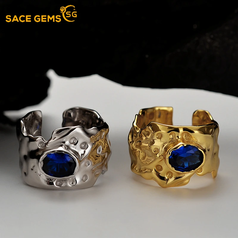

SACE GEMS Rings for Women S925 Sterling Silver Exaggerated Irregular Convex Surface INS Wind Opening Sapphire Index Finger Ring