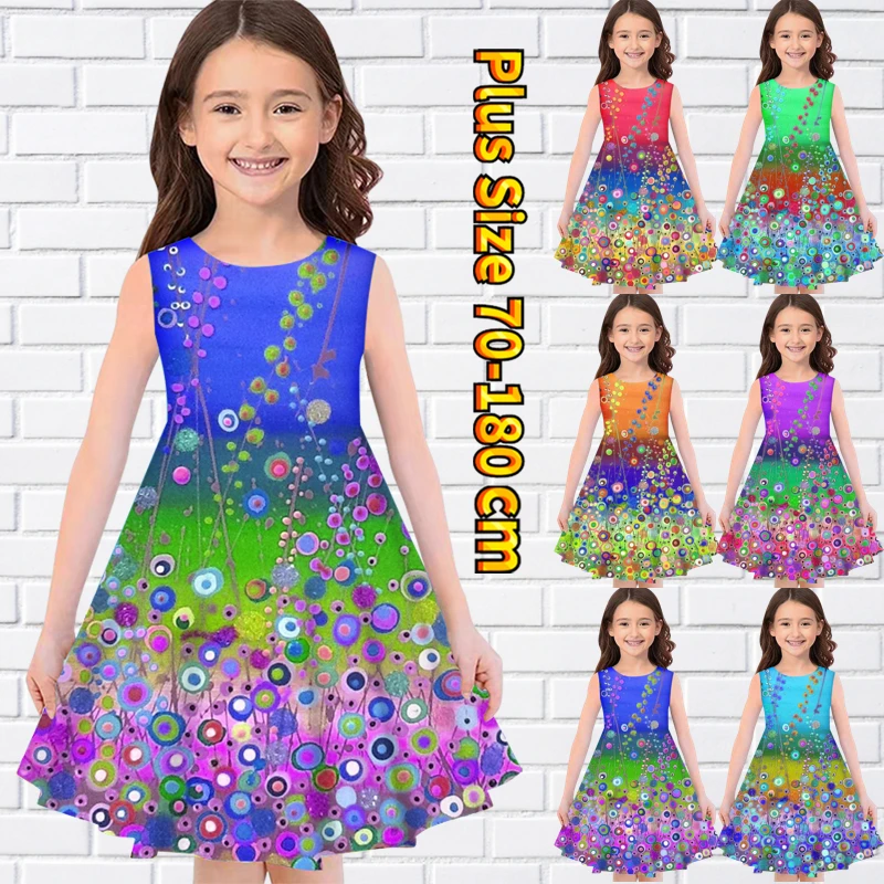 

Летнее платье с круглым вырезом, новый дизайн, повседневная юбка до колена с принтом для маленьких девочек, юбка миди без рукавов, модное пла...