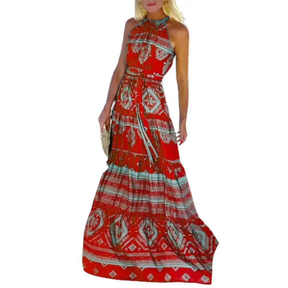 

summer Dress Sleeveless Removable Belt Large Hem Vintage Print Halter Women Long Dress Sundress 2022 Beach party