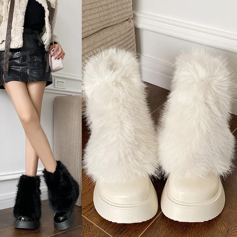 

Camel Color Fur Round Toe Platform 4 CM Height Increasing Wedges Snow Boots Girls Fashion Mid-calf Boots Brown Platform Shoes