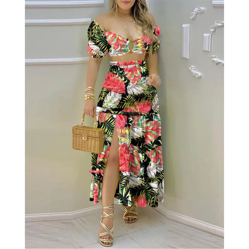 

Sexy Navel Short Sleeve Top&skirt Summer New Print Slim Split Skirt Suit Party Beach Dress