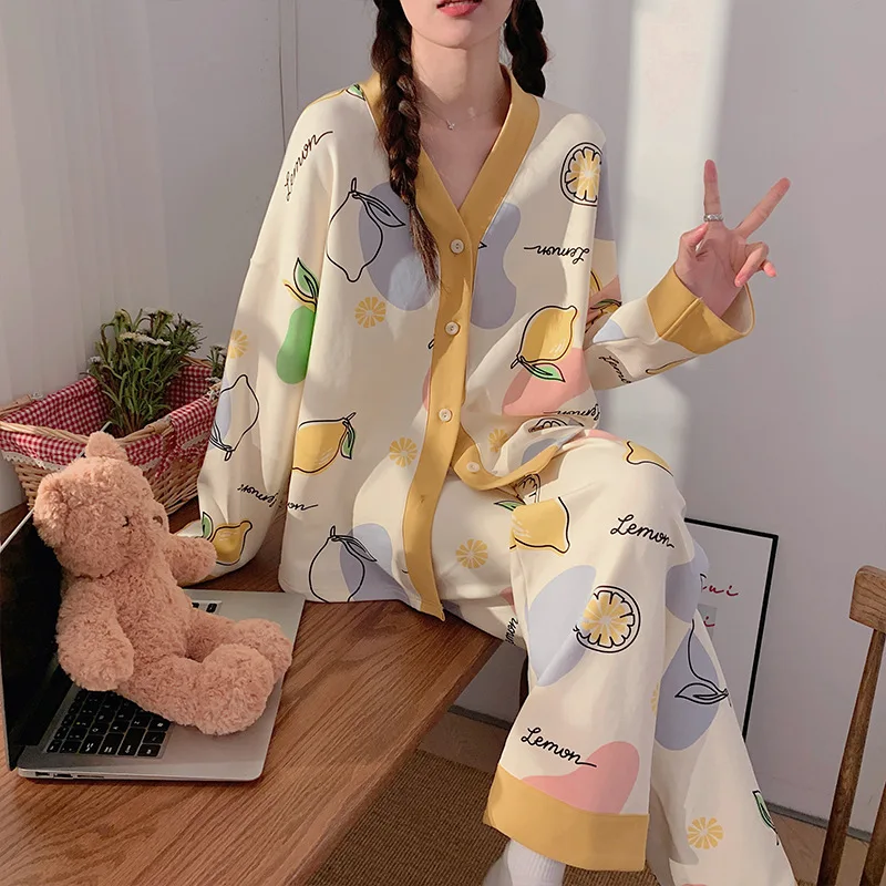 

Весенне-осенне-зимняя женская Повседневная Пижама Yasuk, домашняя одежда, милые пижамы с принтом и клетчатыми брюками, мягкая пижама с длинными рукавами и карманами в виде манго