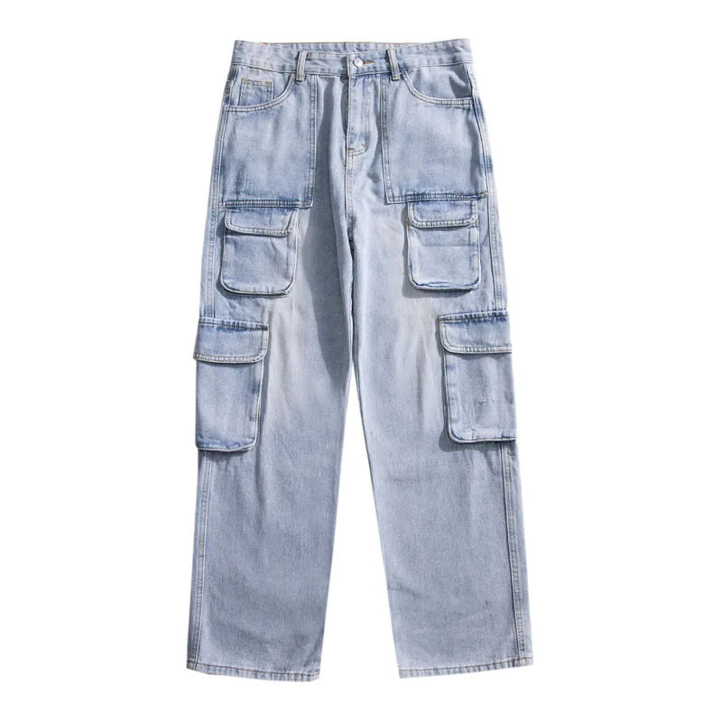 Blue Black Baggy Jeans Men Fashion Retro Pocket Cargo Jeans Men Streetwear Hip Hop Loose Straight Denim Pants Mens Trousers