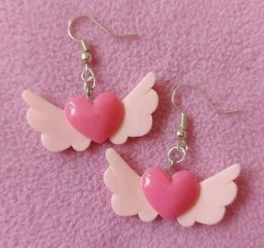 Y2k Sweet Cute Pink Love Heart Angel Wings Earrings for Girls Women Vintage Punk Rock Anniversary Party Korean Ear Rings Jewelry