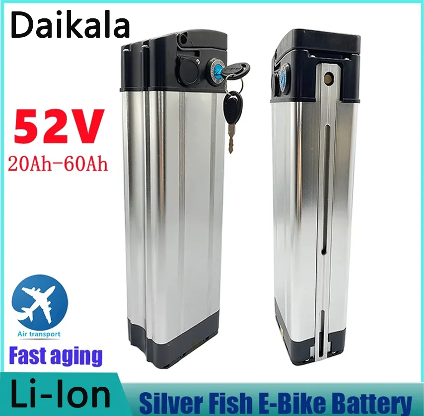 

Аккумулятор для электрического велосипеда Daikala, литиевая батарея в стиле рыбы, серебристого цвета, 52 в, 30 А/ч, 40 А/ч, 50 а/ч, 60 А/ч, с алюминиевым стандартом, с защитой от кражи