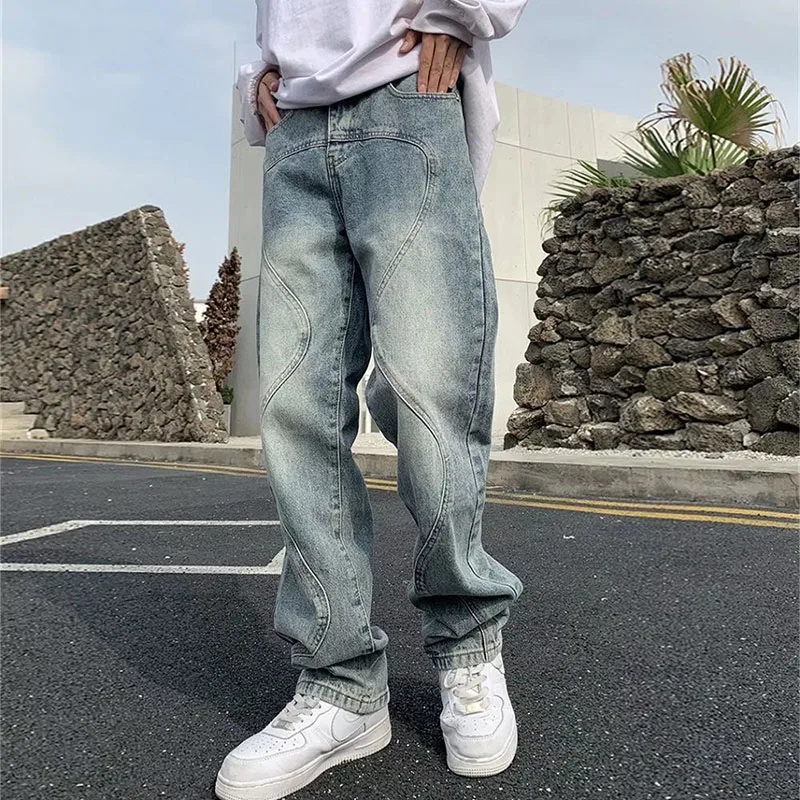 Retro Three-dimensional Cut Straight Jeans Men's Design Sense Niche Ins Tide Brand Drape Couple Pants Men