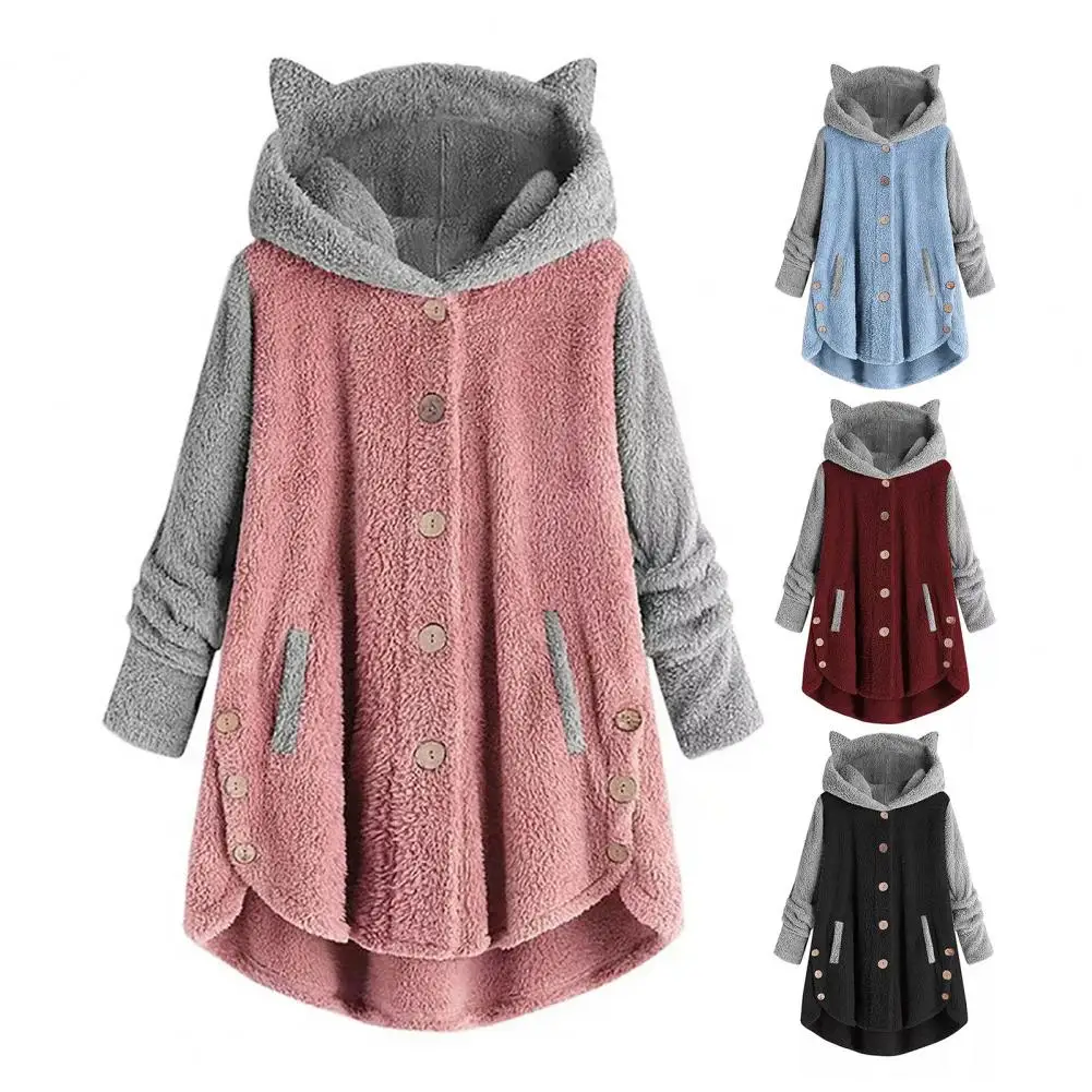 

Милое Стильное женское пальто, модное женское плюшевое пальто с капюшоном и ушками, зимняя куртка с асимметричным цветом и пуговицами