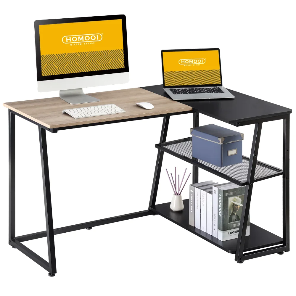 

Modern 47.2 in L Shaped MDF Portable Computer Desk with Shelves, Black/Beige office desks