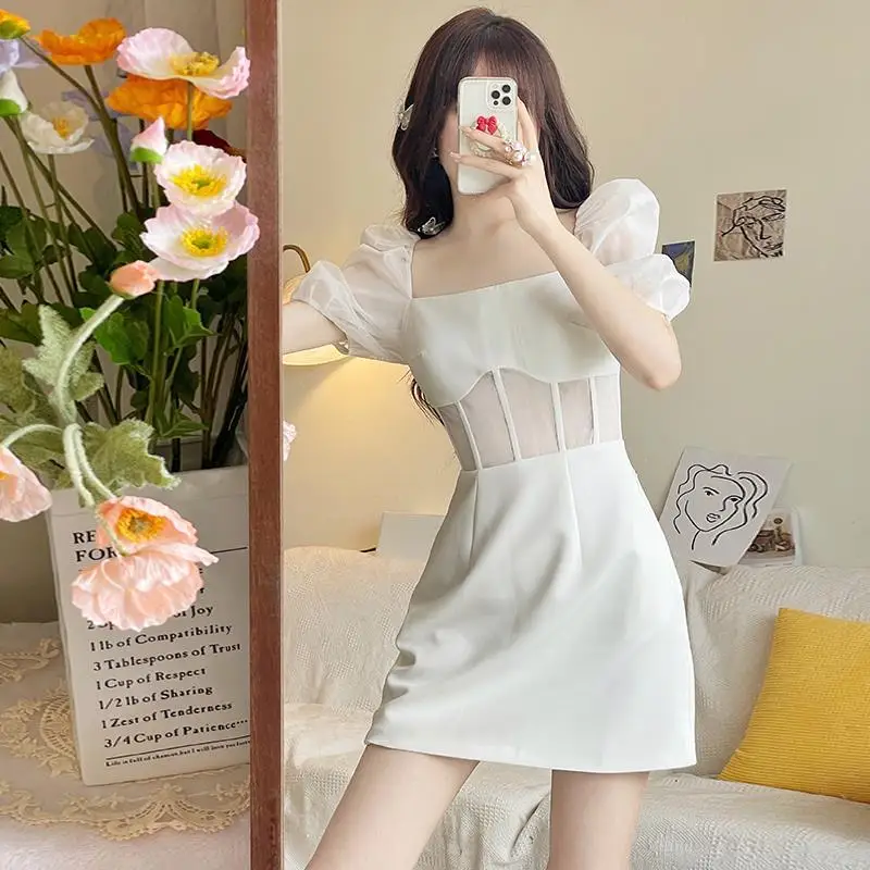 

Elegant White Dress French Style Puff Sleeve Square Collar Fishbone Mesh A- Line Dress Ladies Party Dress Summer