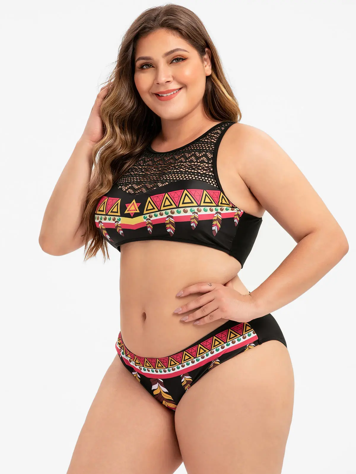 

Women's Low Waist Two Piece Poheman Print Floral Crop Tank Tops Lace Swimsuit Bathing Bikini Lace with Back Tankini Set