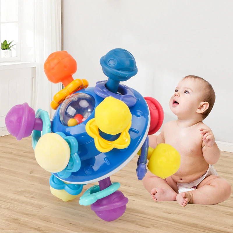 Игрушки Монтессори для детей 0-12 месяцев, сенсорные развивающие игрушки-погремушки с рукояткой, развивающие силиконовые игрушки для прорезывания зубов