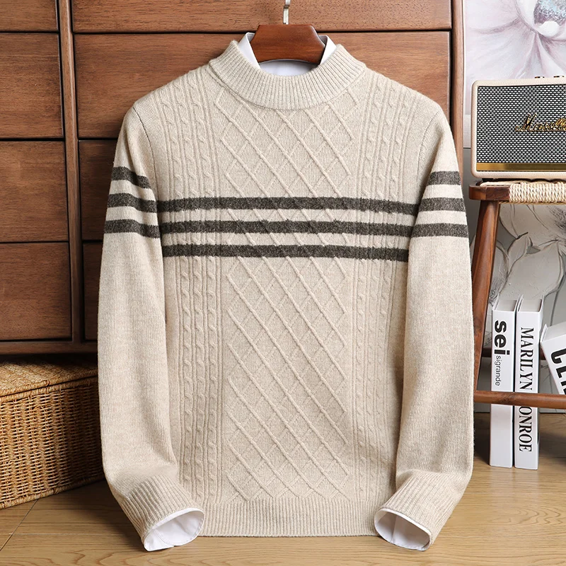 

Мужской зимний свитер с воротником средней высоты и длинными рукавами, плотный вязаный пуловер из 100% шерсти с ромбовидным утеплителем