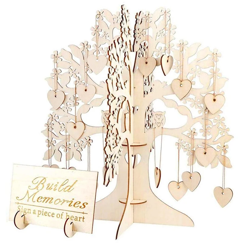 

Rustic Wedding Guest Book Wishing Tree Stand Signable Wooden Heart Pendant Ornaments Wedding Gifts Party Home Table Decorations