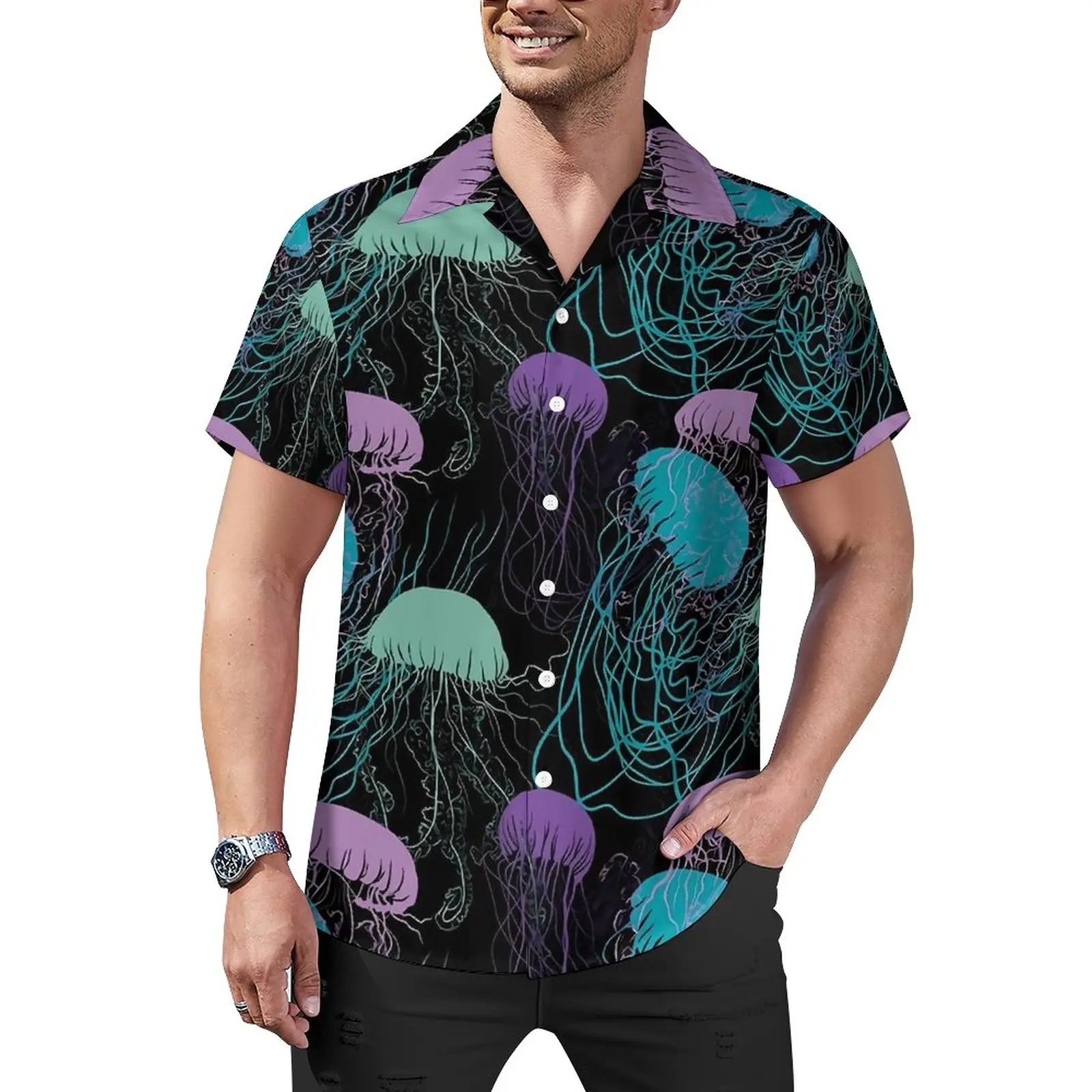 

Colorful Jellies Casual Shirts Jellyfish Print Beach Shirt Hawaii Harajuku Blouses Male Graphic Plus Size