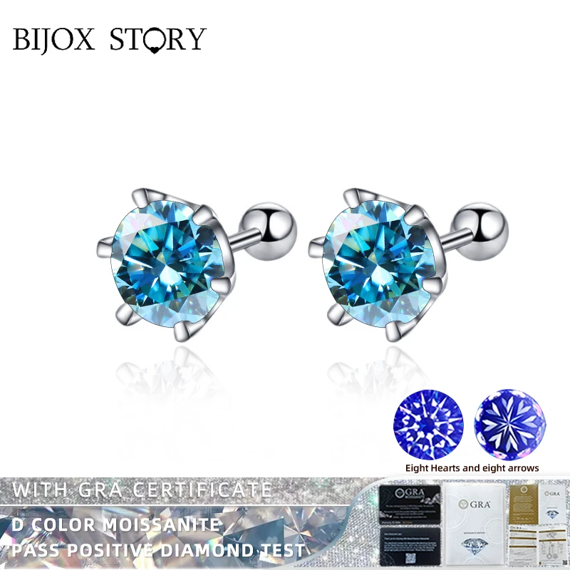 

BIJOX STORY New Trendy Multi Color Moissanite Stud Earrings for Female S925 Sterling Silver Round Shape Jewelry for Anniversary