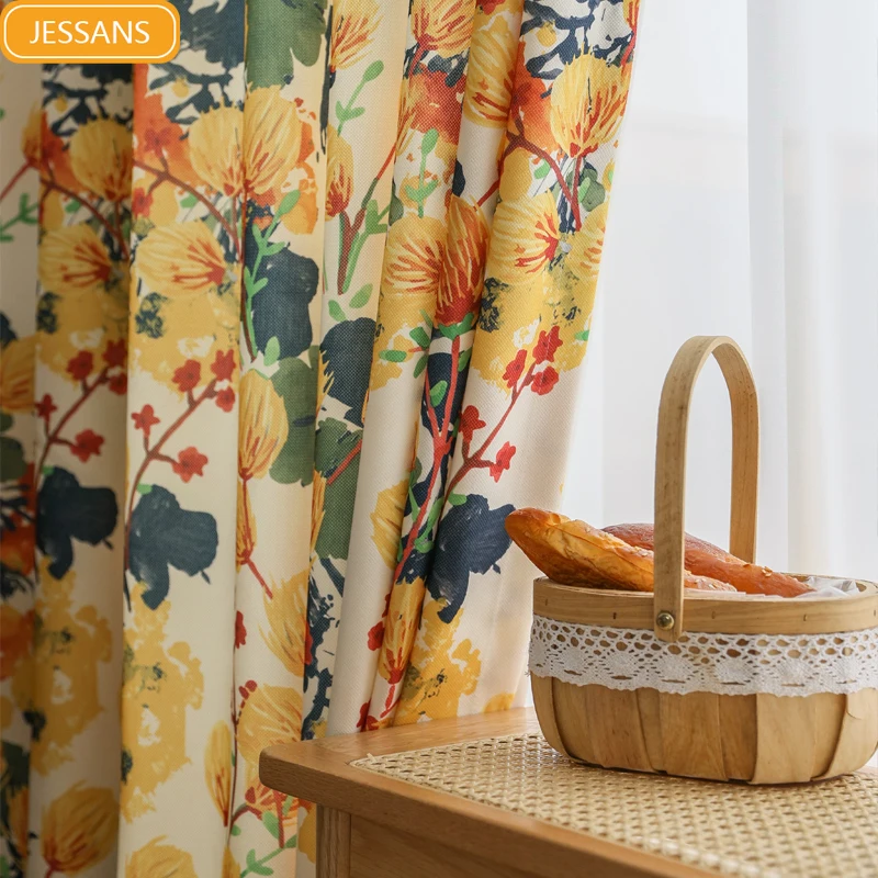 

Customized small fresh Curtains for Living room bedroom pastoral blackout French 2022 new orange floral leaves light luxury