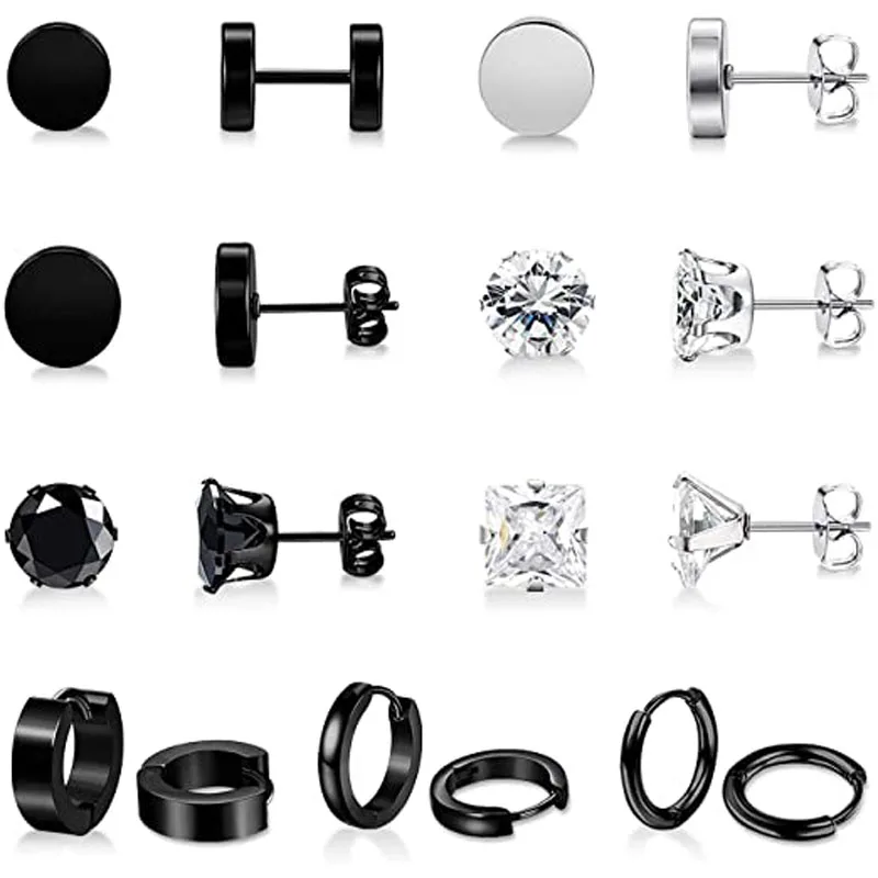 

9 Pairs of Black Steel Color Earrings Stainless Steel Round Perforated Earrings Set for Men and Women Punk