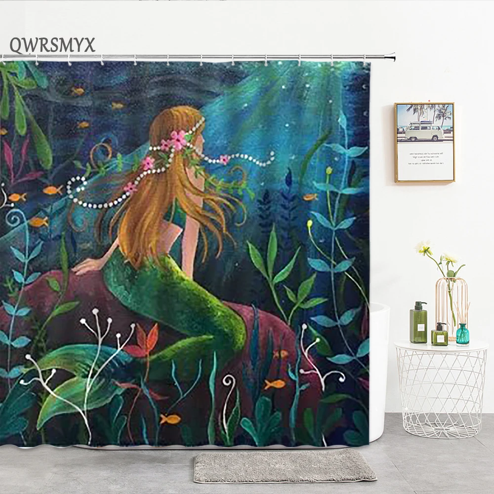 

Занавеска для душа с мультяшным принтом русалки, 3d декор для комнаты девочки, штора из полиэстера, крючки из ткани, домашний декор, подвесная...