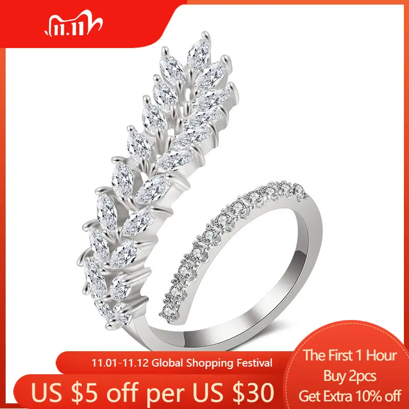 

Vintage White Gold Color Crystal Zirconia Finger Rings for Women Chic Leaf CZ Anniversary Party Adjustable Jewelry
