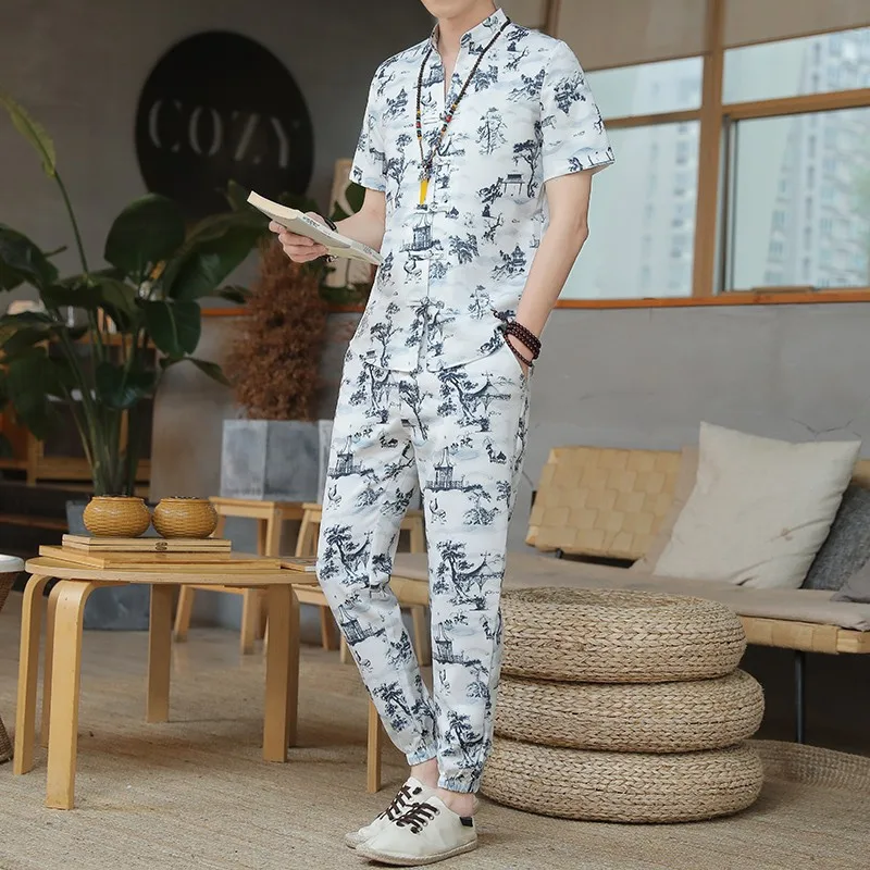 

2022 Summer New Men's Shirts T-shirts Trousers Suits Retro Printing Fashion Casual Kung Fu Hanfu Clothes Plus Size