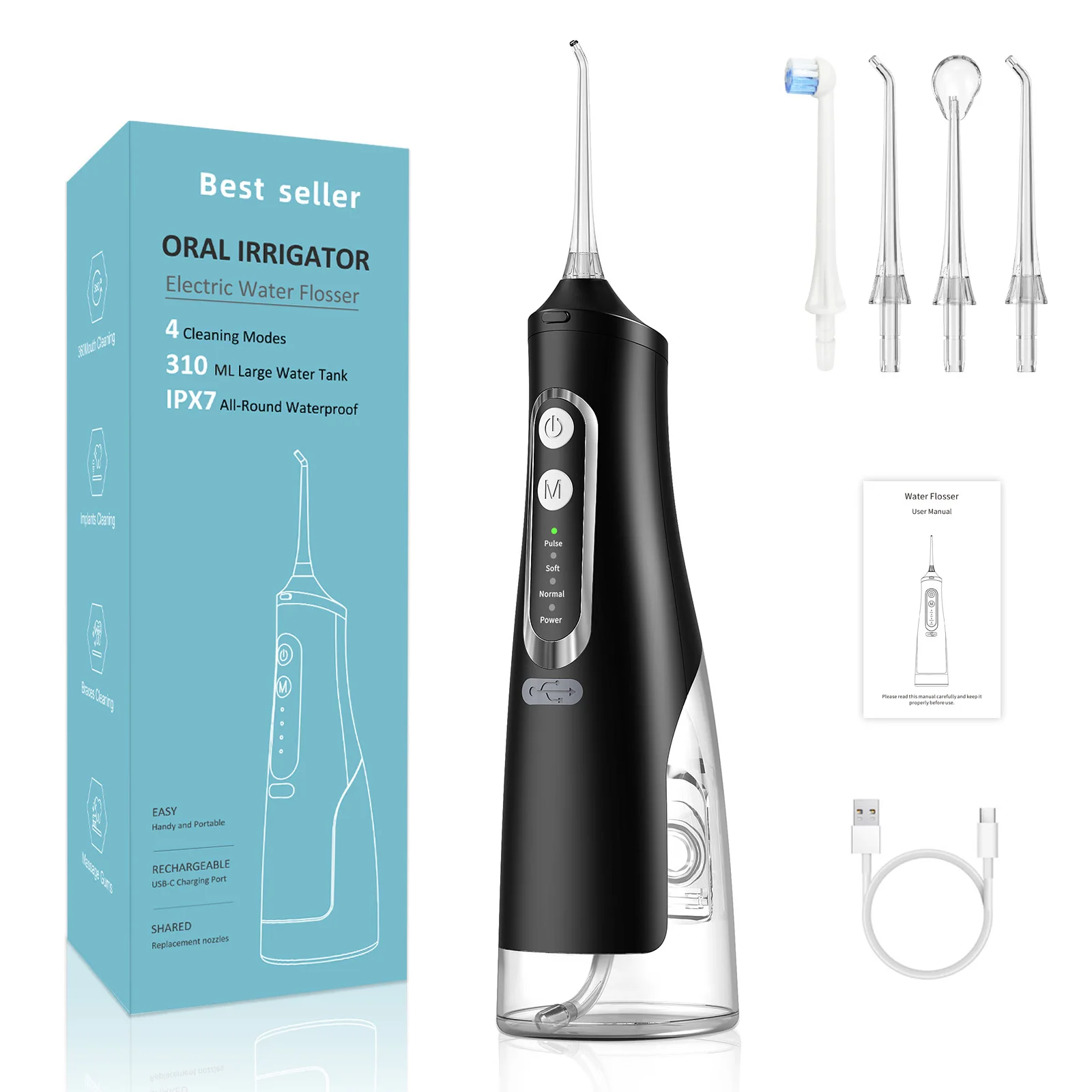 

Teeth Flusher Dental Water Pick Flosser Water Jet 4 Nozzles Tooth Cleaner Portable Oral Irrigator 310ML USB Rechargeable