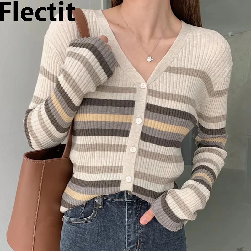 

Flectit Rib Knit Striped Cardigan Lightweight Button Up V-Neck Slim Fit Sweater Ladies Cozy Spring Autumn Outfit