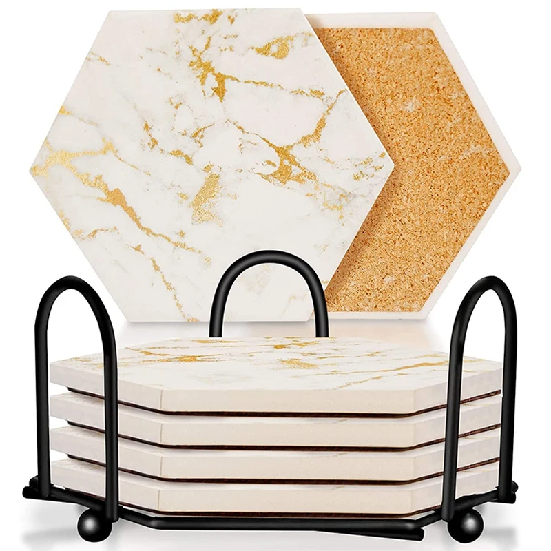 

Шестигранная Подставка-набор из 6 подставок для напитков-простой белый геометрический дизайн-современный декоративный белый мрамор