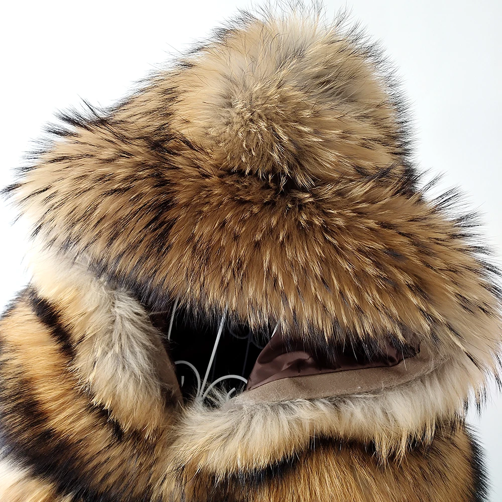 MAOMAOKONG Fur Coat Winter Real 100% Natural Raccoon Fur Women's Coat Fluffy Top Coat With Hooded Jacket Manteau Femme