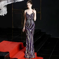 16002 high end sequin stripe color matching slim fitting dinner host suspender long dress