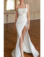 2022 new mermaid evening dresses shine high split prom birthday sweep train one shoulder sleeveless charmeuse with sequin slit