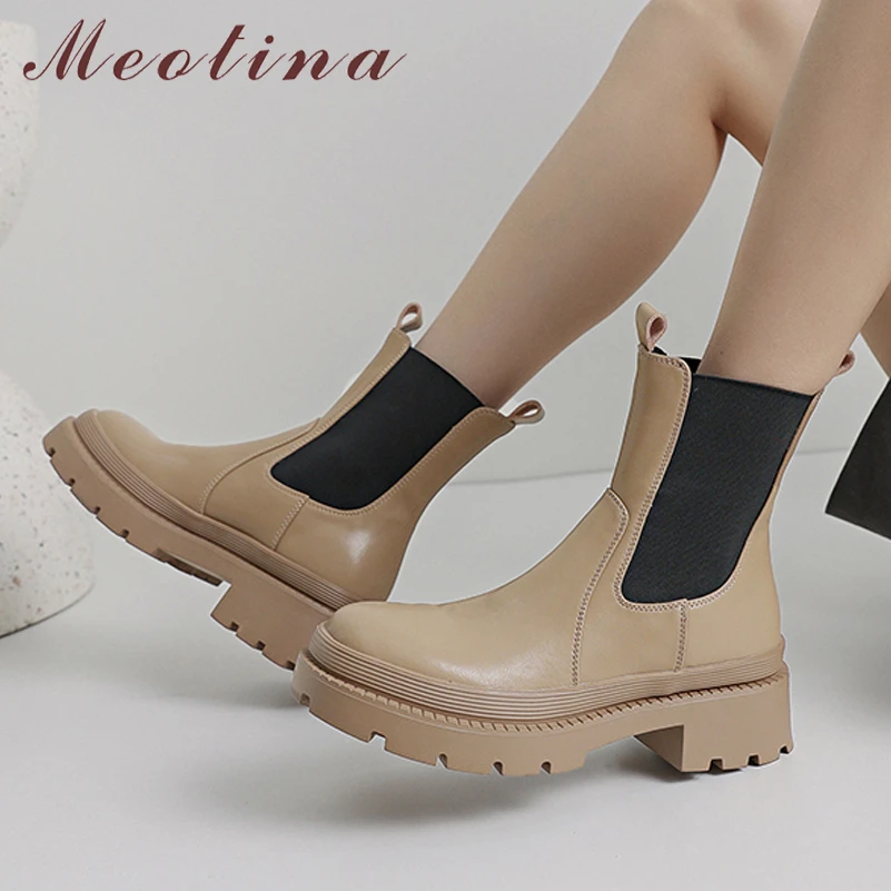 

Meotina Women Genuine Leather Ankle Chelsea Boots Round Toe Block Mid Heel Ladies Fashion Short Boot Winter Autumn Shoes Apricot