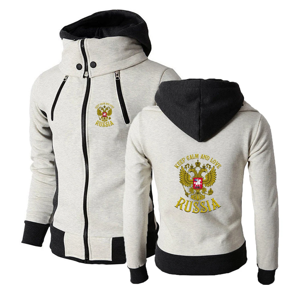 

2022 NEW Russia Badge Gold Eagle Printing Autum Winter Men's Fashion Zipper Hoodie High-Necked Zip-Up Sports Pullover Hoodie