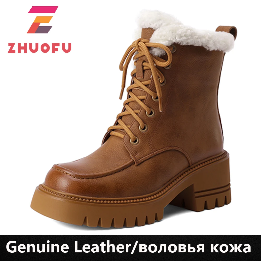 

ZHUOFU 2023 New Genuine Leather Marton Boots Thick Fur Winter Boots Lace Up Square Heels Wool Platform Ankle Boots Ladies Shoes