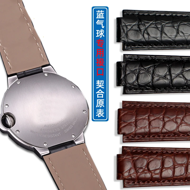 American crocodile leather watch strap suitable for cartier blue balloon convex leather strap 18 20mm men and women black