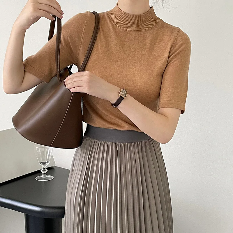 

Early autumn temperament all-match semi-high collar slim solid color inner bottoming short-sleeved knitted sweater women