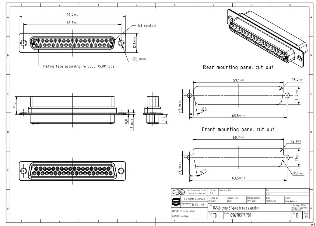 2шт 09670374701 HARTING D-Sub обжимной 37-pole female assem bly