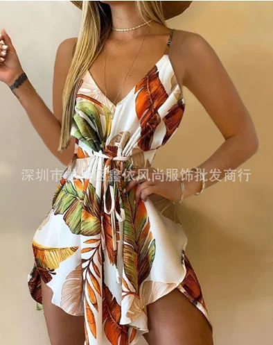 

2022 New Fashion Popular Hot Spring Summer Women's Wear Sling Print Irregular Dress Lots of Stock