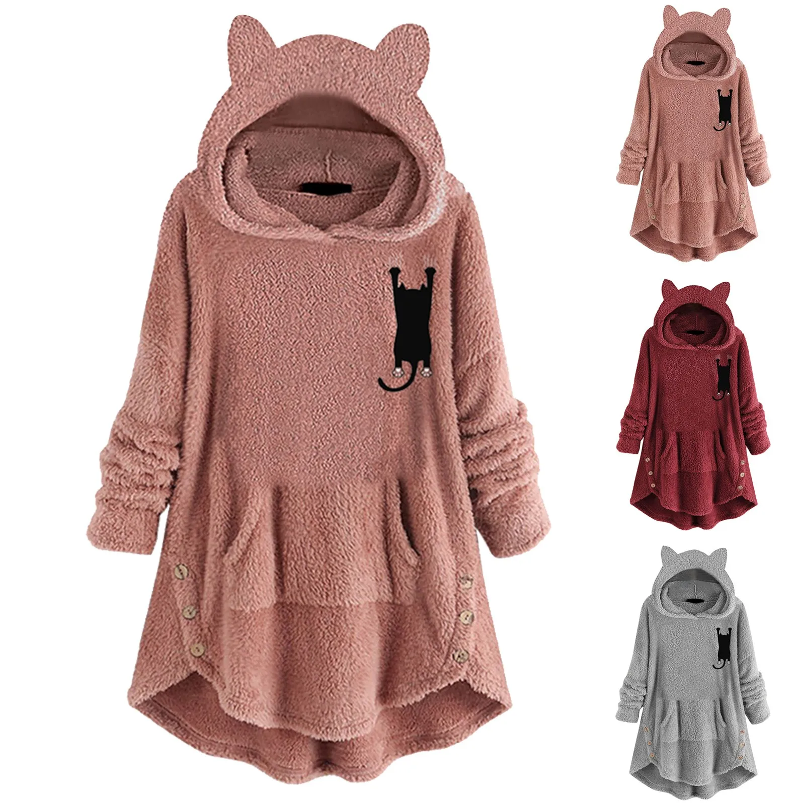 

Lapel Coat Women Ladies Pocket Cat Ear Hoodie Fleece Sweatshirt Button Cute Printing Long Sleeves Classic Sweater Top Pullover