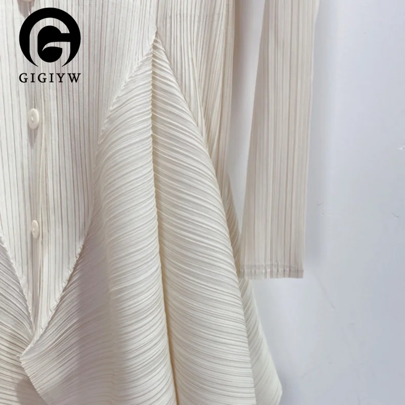 

GIGIYW Woman Pleated Blouse Design Single Breasted Lapel Shirts Elastic Casual Style Elegant 2023 New Summer
