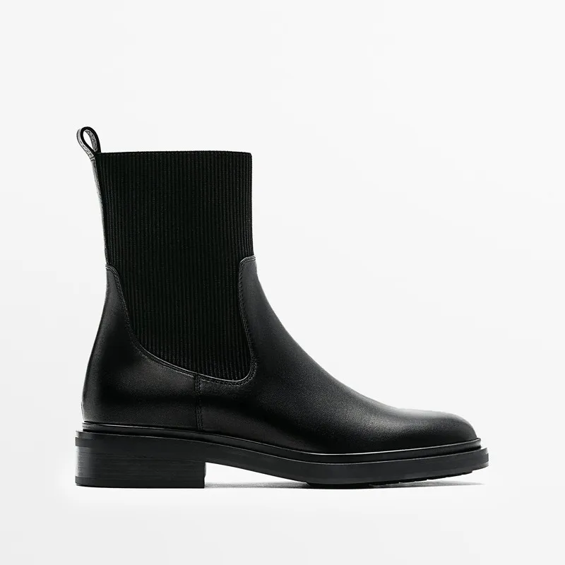 

Brand Design Genuine Leather Women Short Boots Round Toe Slip On Flat Chelsea Boots Women Spring Autumn Casual Sock Boots Women