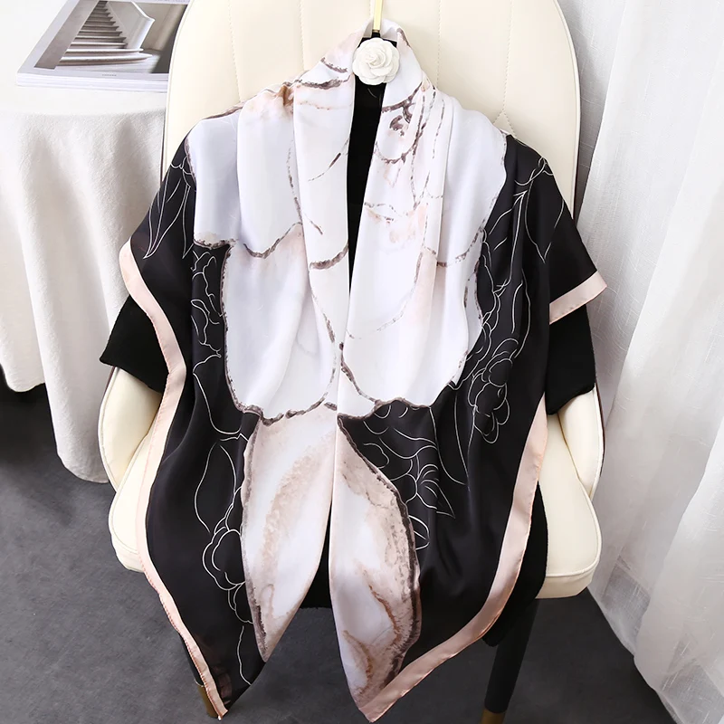 

Spring Autumn Sun Protective Flower Printed Imitated Silk Women Muslim Hijab110cm Square Foulard Ladies Wrap Scarf