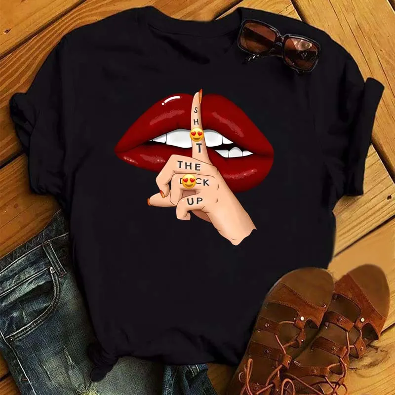 

Red Lips Harajuku Funny Leopard Printed Women T Shirt Girl O-Neck Aesthetics Print Casual Short Sleeve Streetwear Tops Tee