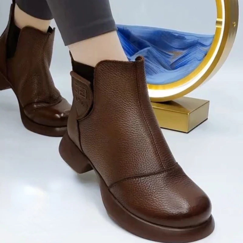 Pu Leather Women's Chelsea Chimney Ankle Boots Mid-top Leather Boots Spring Autumn Fashion British Style Nude Boots