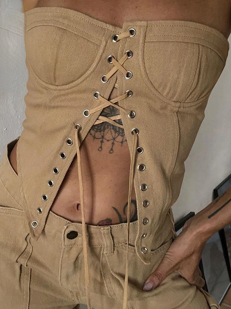 

Sexy Strapless Bandage Crop Top for Women Summer 2022 Elegant Fashion Sleeveless Backless Tops Club Party Clothes