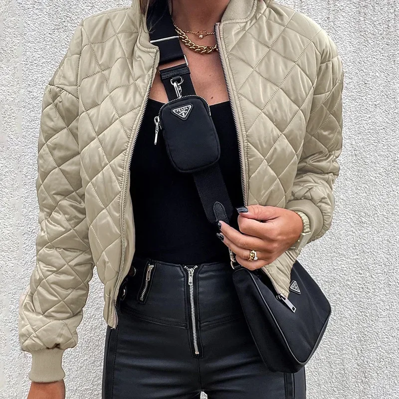

Women's Jacket Spring Autumn V-Neck Quilting Quilted Short Thin Padded Bomber Jacket Coat Pilots Zipper Chaquetas Outerwear